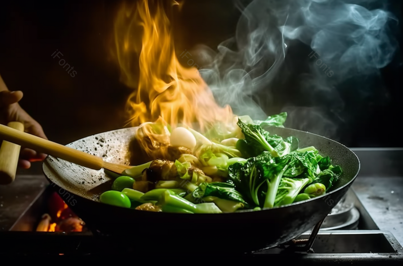 厨师在餐厅厨房的炉子上燃烧着熊熊的火焰摄影实拍,高清,摄影图,摄影图片,图片大全,摄影图免费下载